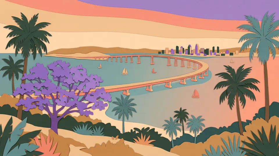 Cut-paper illustration of San Diego Bay at golden hour, with a curving bridge to a low island, sailboats, palm trees and a blooming jacaranda in the foreground