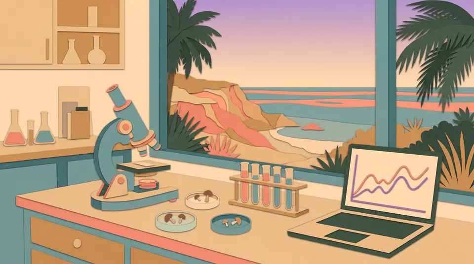 Paper-cut style illustration of a lab bench with a microscope, three petri dishes holding small brown mushrooms, a rack of test tubes and a laptop showing two rising line charts, beside a window that looks out on palm trees, sandstone cliffs and the ocean at dusk.