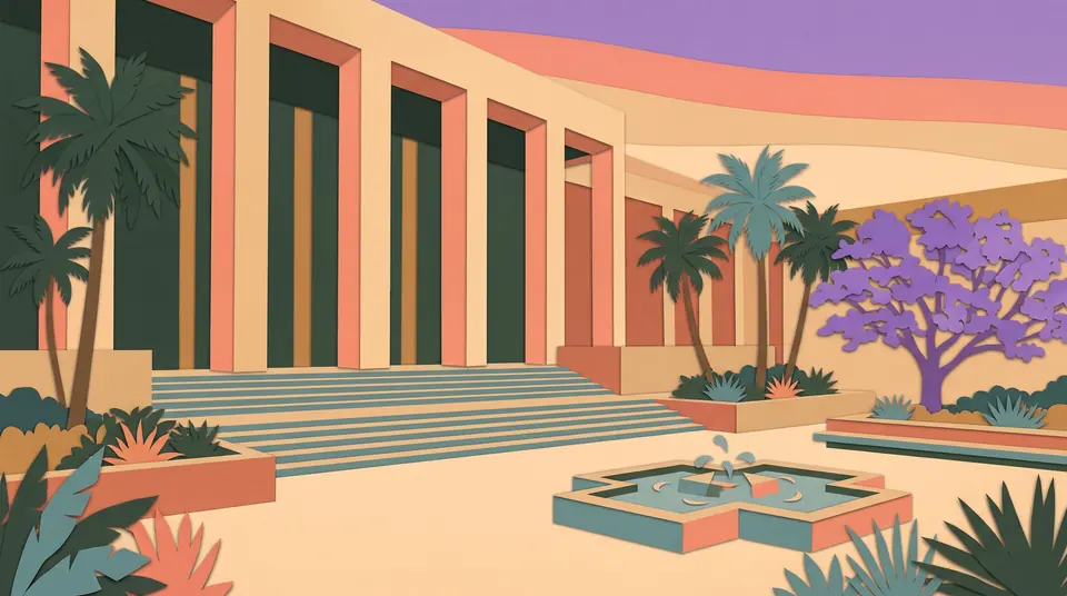 Cut-paper illustration of a quiet civic plaza with wide stone steps, tall columns, a low fountain, palm trees and a blooming jacaranda