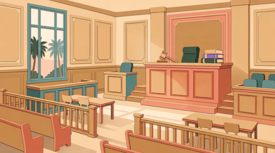 Cut-paper illustration of an empty courtroom in sandstone and coral tones: a raised judge's bench with a gavel and stacked law books, a witness box, counsel tables behind a wooden rail, and palm trees outside a tall teal-framed window.