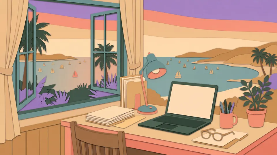 Cut-paper illustration of a writing desk with folders, a laptop and a lamp beside a window overlooking a sunny harbor