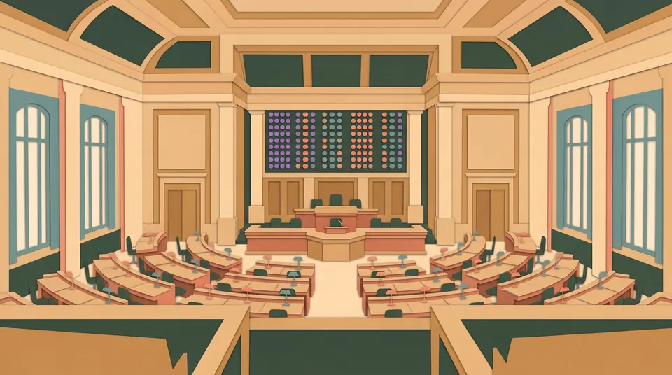 Paper-cut style illustration of an empty legislative chamber seen from the gallery: curved rows of wooden desks with small lamps face a raised rostrum, tall arched windows line both walls, and a large board above the rostrum is filled with columns of violet, coral and teal dots like a vote tally.