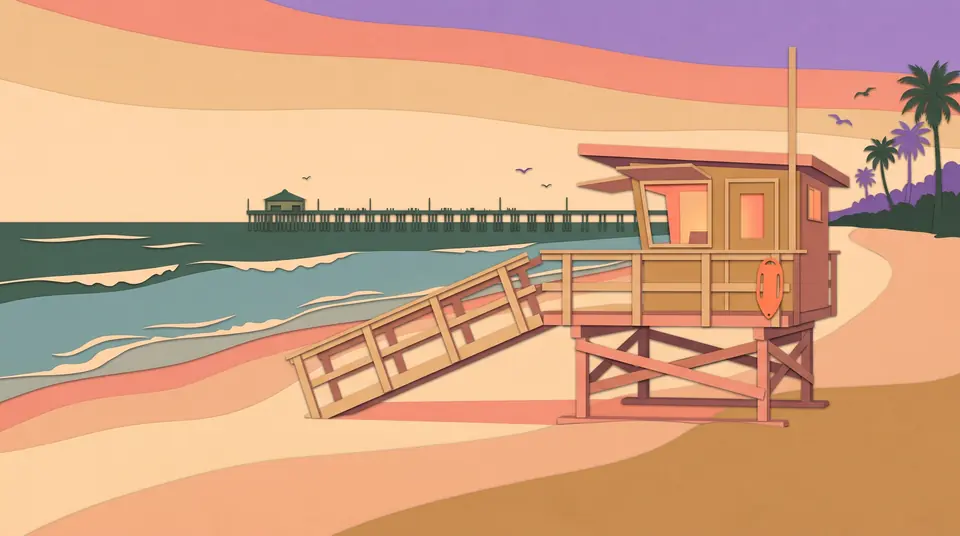 Paper-cut illustration of a wooden lifeguard tower with a ramp and an orange rescue buoy on a beach at dusk, with a pier, waves and palm trees behind it.