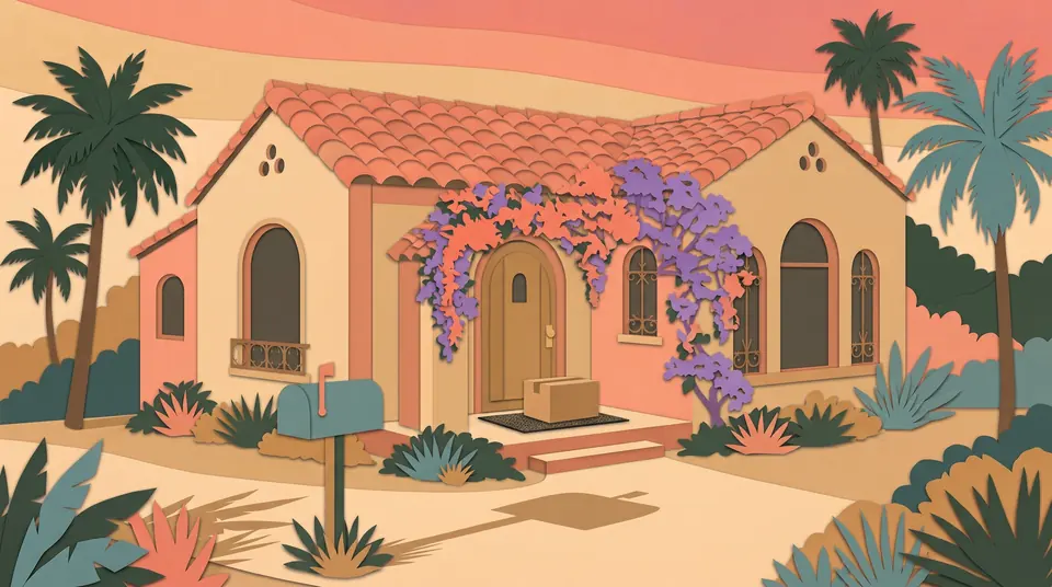 Cut-paper illustration of a Spanish-style stucco house with a red tile roof and an arched front door framed by purple and coral bougainvillea, a cardboard parcel on the doormat, a teal mailbox by the walk and palm trees against a pink sky.